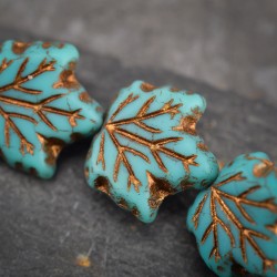 Feuille érable turquoise cuivré 13mm X4 Perles verre tchèque