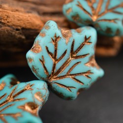 Feuille érable turquoise cuivré 13mm X4 Perles verre tchèque