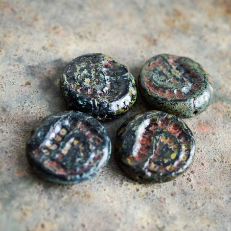 Perles fossiles noires 18mm X4 Perles verre tchèque Picasso