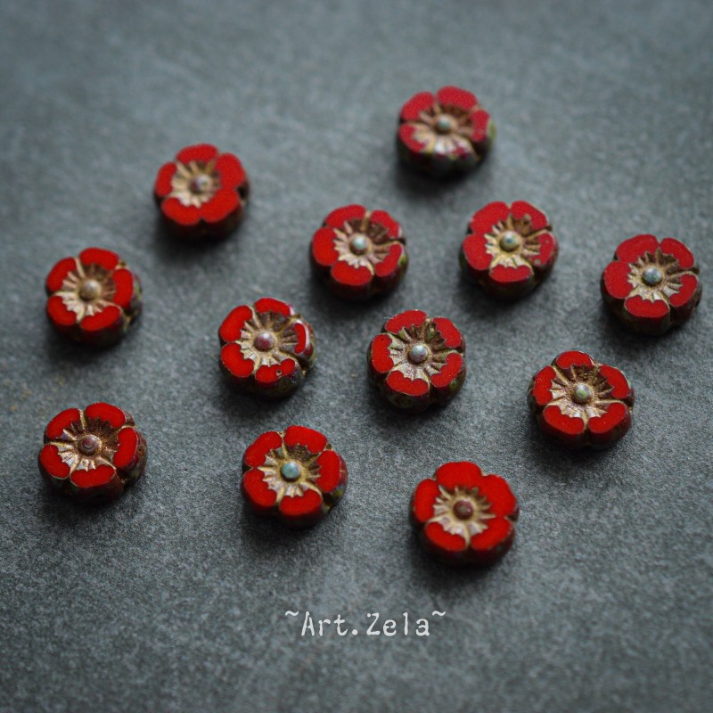 Fleurs hawaïennes rouges Picasso 10mm X8 Perles verre tchèque