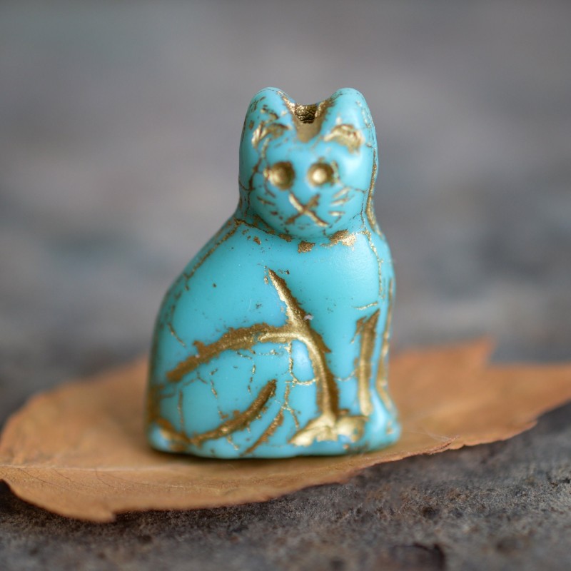 Chat turquoise opaque 24mm X1 Perle verre tchèque