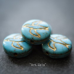 Silhouettes oiseaux turquoise doré 12mm X10 Perles verre tchèque