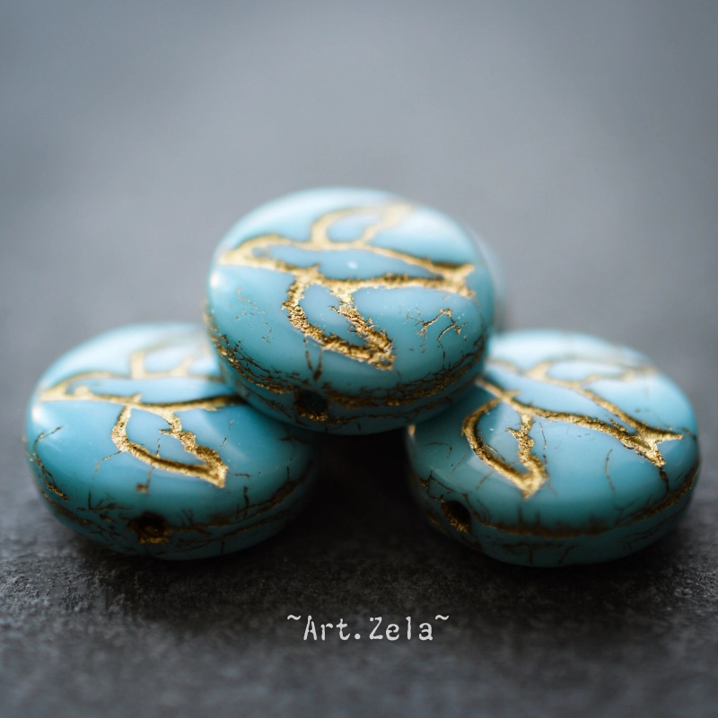Silhouettes oiseaux turquoise doré 12mm X10 Perles verre tchèque