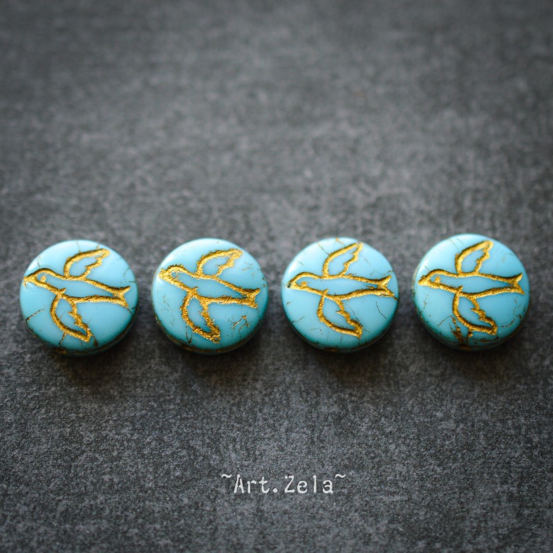 Silhouettes oiseaux turquoise doré 12mm X10 Perles verre tchèque