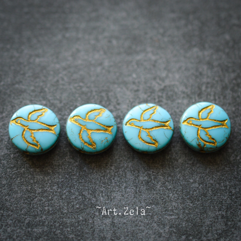 Silhouettes oiseaux turquoise doré 12mm X10 Perles verre tchèque
