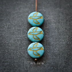 Silhouettes oiseaux turquoise doré 12mm X10 Perles verre tchèque