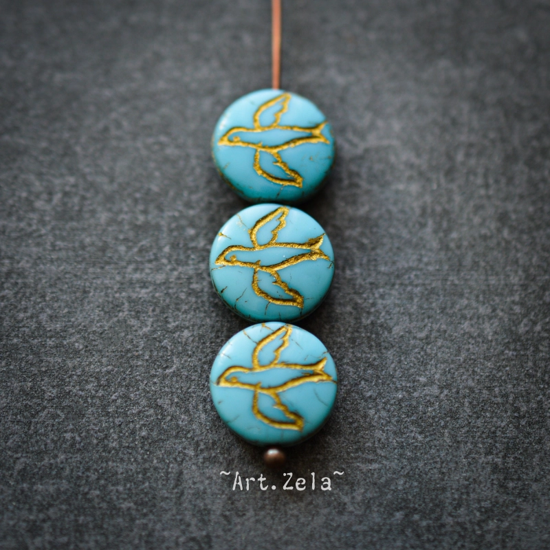 Silhouettes oiseaux turquoise doré 12mm X10 Perles verre tchèque
