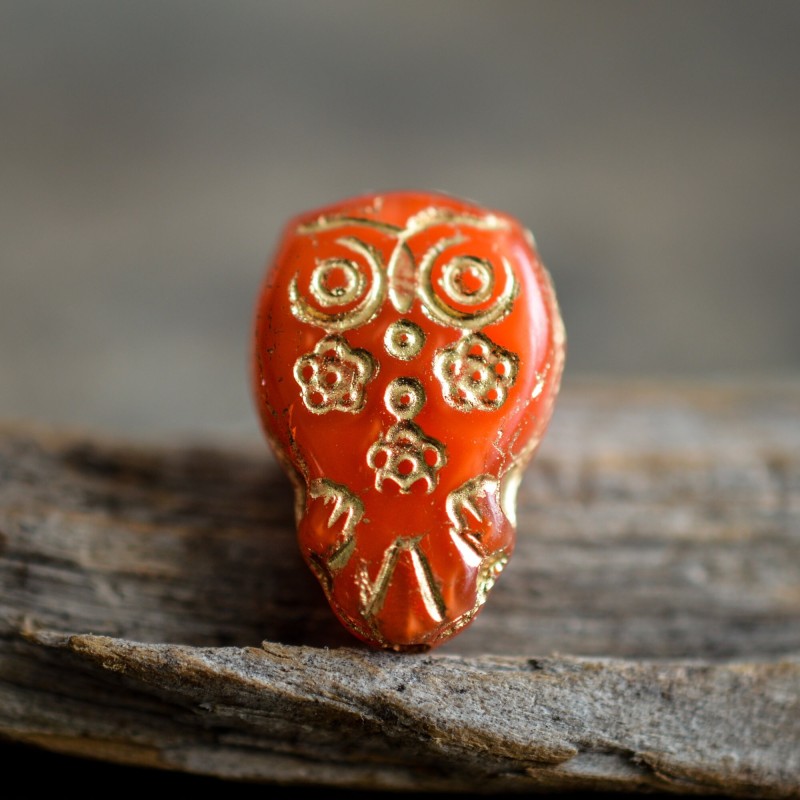 Chouette hibou corail 15mm X2 Perles Verre Tchèque Rouge Orangé