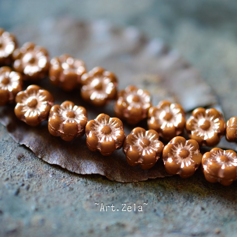 Fleurs hawaïennes caramel cuivré 6mm  X25 Perles verre tchèque opaque