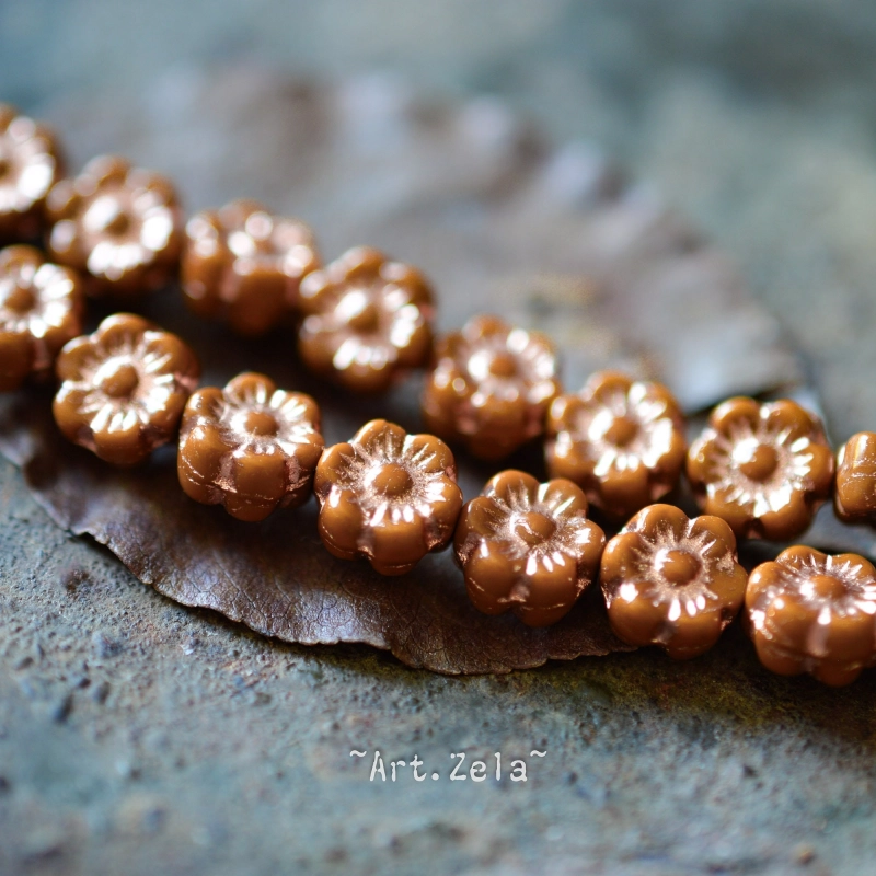 Fleurs hawaïennes caramel cuivré 6mm  X25 Perles verre tchèque opaque