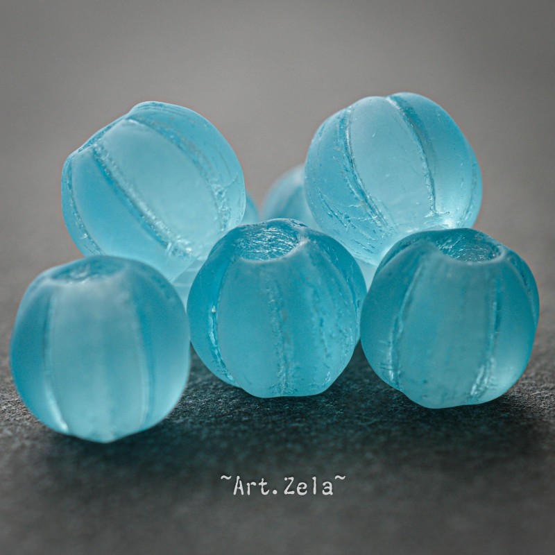 Melons bleu caraïbes 8mm X10 Perles verre tchèque dépoli