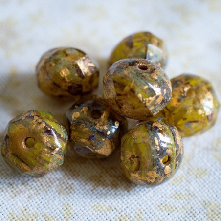 Rondelles mix jaune vert brun 9x6mm X8 Perles verre tchèque Picasso