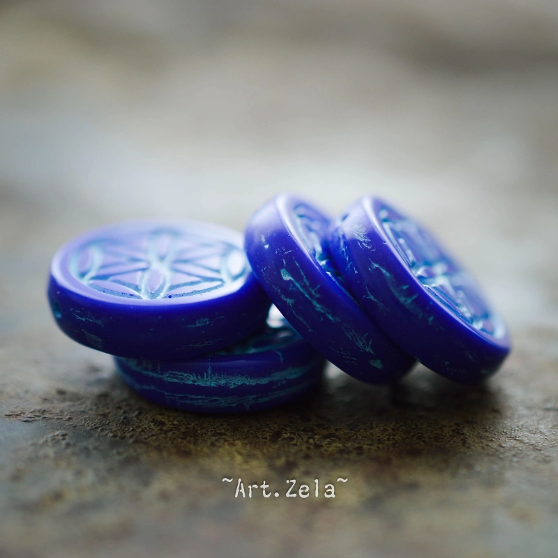 Fleurs de vie bleu 19mm X2 Perles verre tchèque opaque