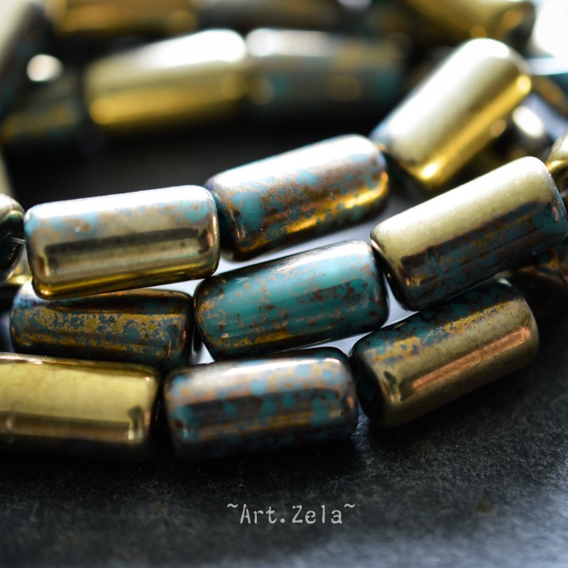 Tubes bronze turquoise 14mm X4 Perles verre tchèque premium