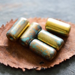 Tubes bronze turquoise 14mm X4 Perles verre tchèque premium