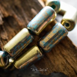 Tubes bronze turquoise 14mm X4 Perles verre tchèque premium