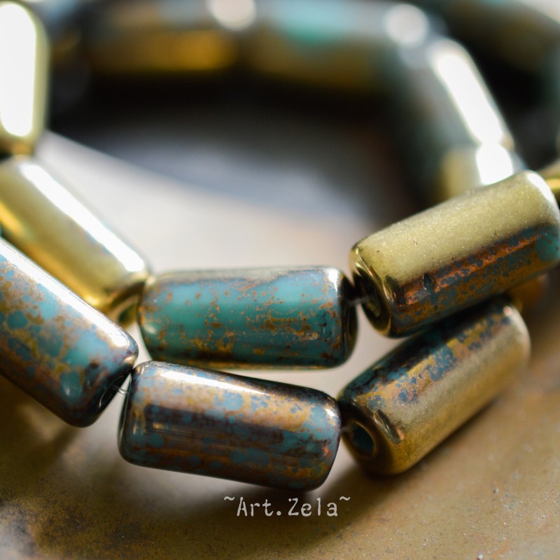 Tubes bronze turquoise 14mm X4 Perles verre tchèque premium