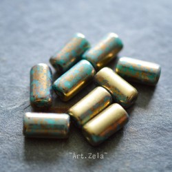 Tubes bronze turquoise 14mm X4 Perles verre tchèque premium