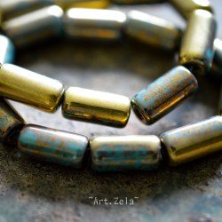 Tubes bronze turquoise 14mm X4 Perles verre tchèque premium