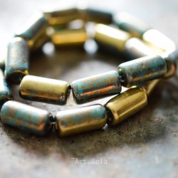 Tubes bronze turquoise 14mm X4 Perles verre tchèque premium