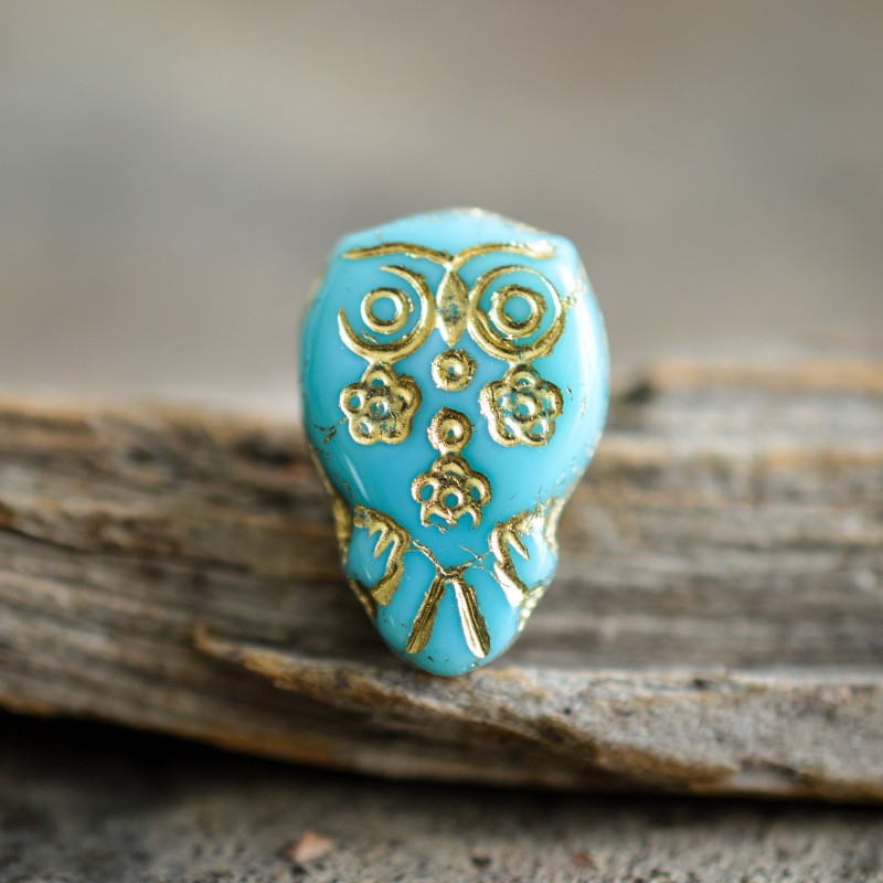 Hibou chouette turquoise 15mm X2 Perles verre tchèque opaque