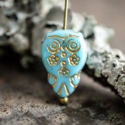 Hibou chouette turquoise 15mm X2 Perles verre tchèque opaque