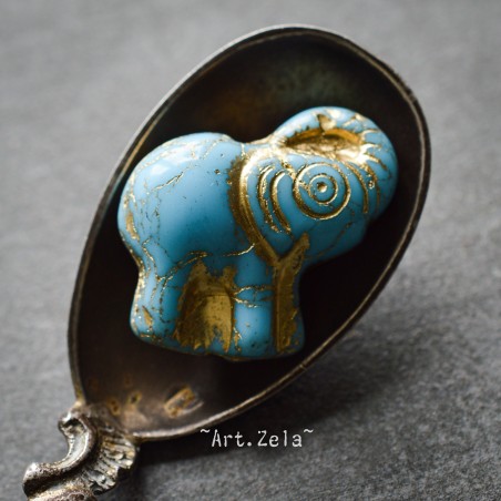 Éléphant  bleu ciel doré 21mm X1 Perle verre tchèque premium