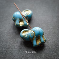 Éléphant  bleu ciel doré 21mm X1 Perle verre tchèque premium