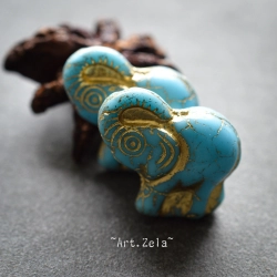 Éléphant  bleu ciel doré 21mm X1 Perle verre tchèque premium
