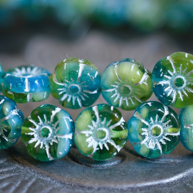 Fleurs hawaïennes bleu vert 8mm X10 Perles verre tchèque