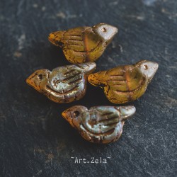 Oiseau jaune bronze 22mm X1 Perle Verre Tchèque Mat