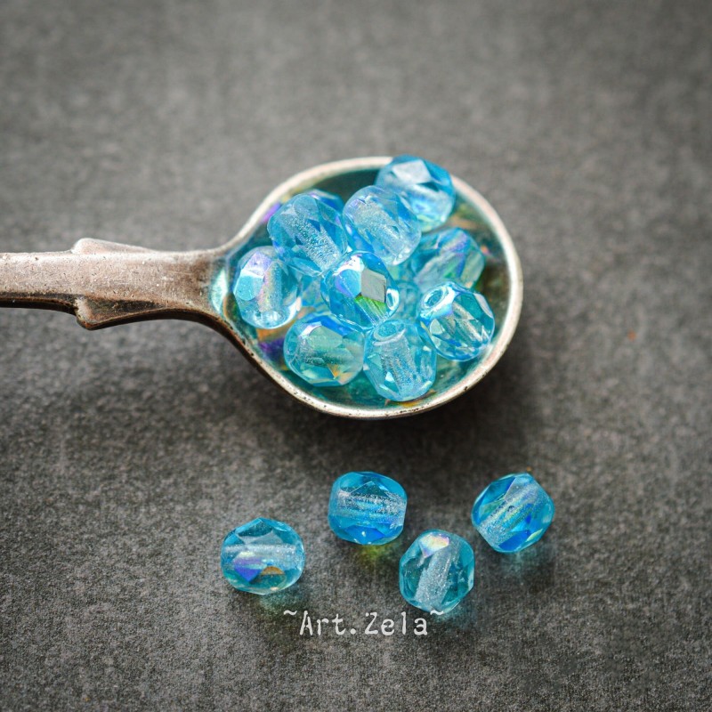 Facettes bleu pacifique 5mm X30 Perles verre tchèque transparent irisé