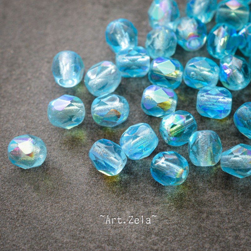 Facettes bleu pacifique 5mm X30 Perles verre tchèque transparent irisé