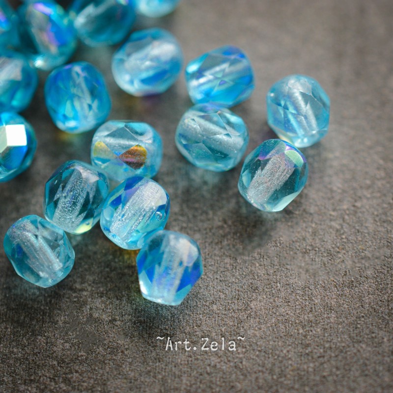 Facettes bleu pacifique 5mm X30 Perles verre tchèque transparent irisé