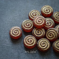 Perles nautilus rouges 14mm X2 Perles verre tchèque rustique dépoli