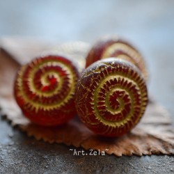 Perles nautilus rouges 14mm X2 Perles verre tchèque rustique dépoli