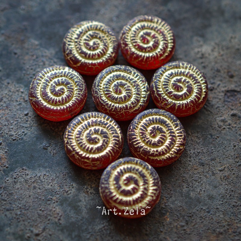 Perles nautilus rouges 14mm X2 Perles verre tchèque rustique dépoli