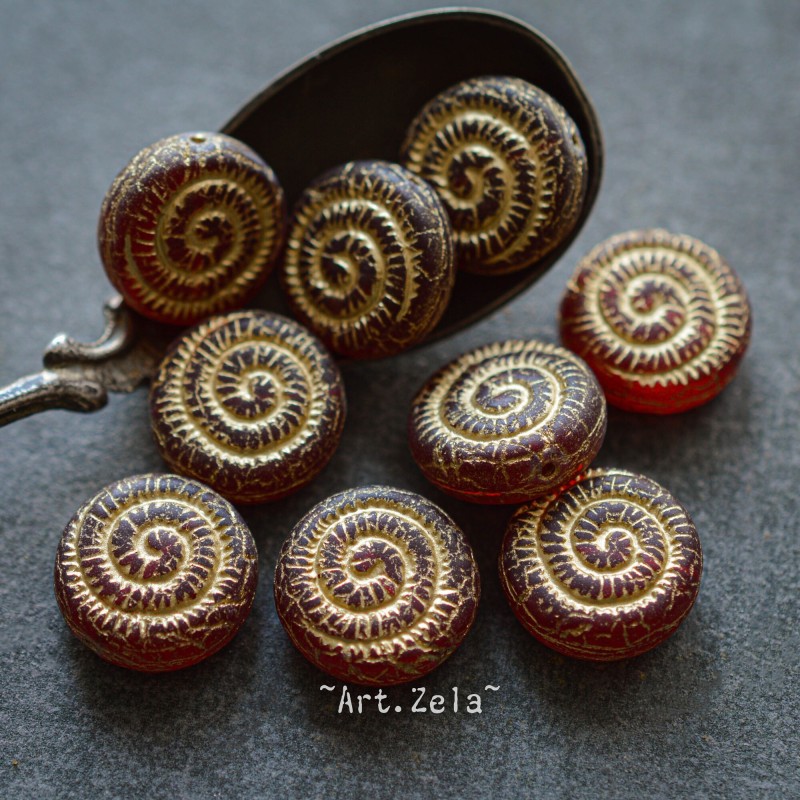 Perles nautilus rouges 14mm X2 Perles verre tchèque rustique dépoli