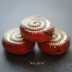 Perles nautilus rouges 14mm X2 Perles verre tchèque rustique dépoli