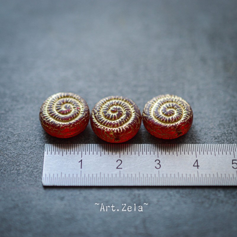 Perles nautilus rouges 14mm X2 Perles verre tchèque rustique dépoli