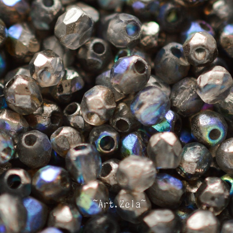 Facettes graphite irisé 4mm X50 Perles verre tchèque texturé