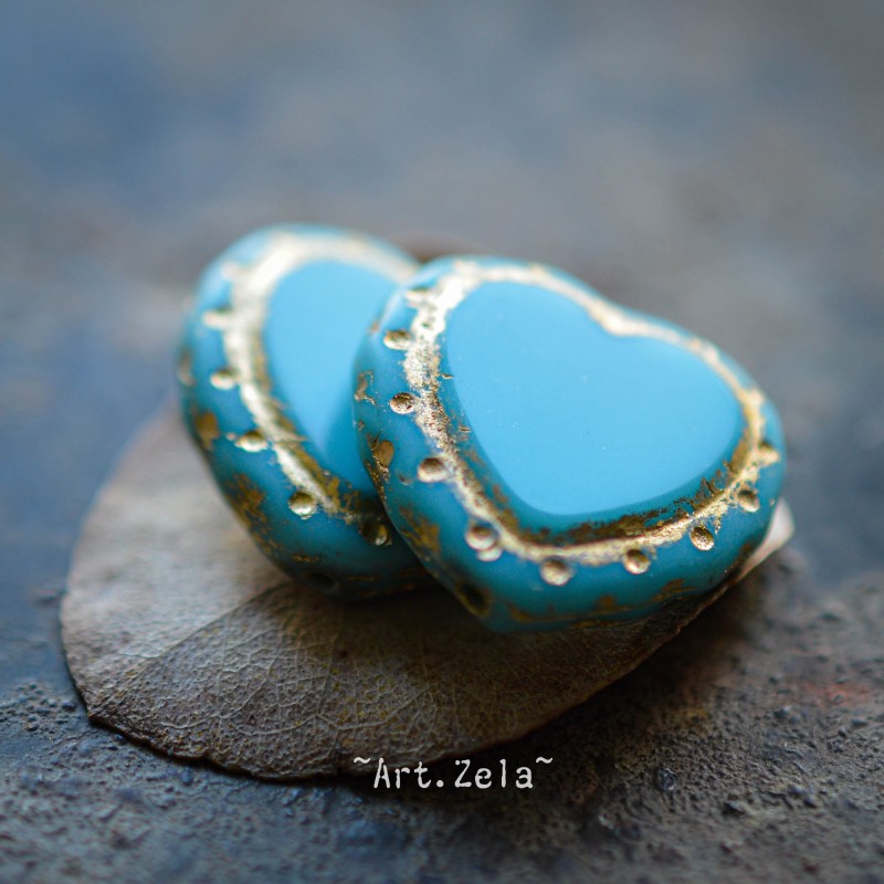 Coeur bleu doré 18mm X1 Perle verre tchèque premium bleu doré