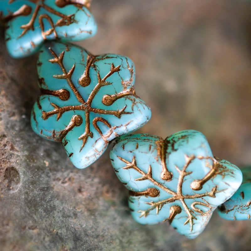 Feuilles turquoise bronze 17mm X2 Perles verre tchèque mat