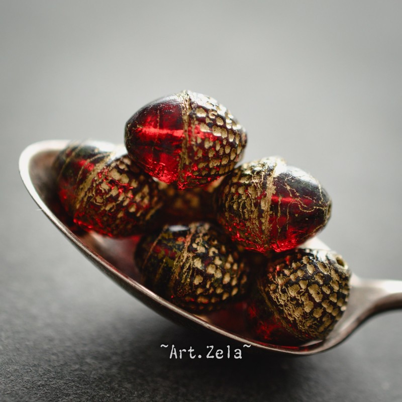 Glands rouge rubis doré 10x12mm X2 Perles verre tchèque Picasso