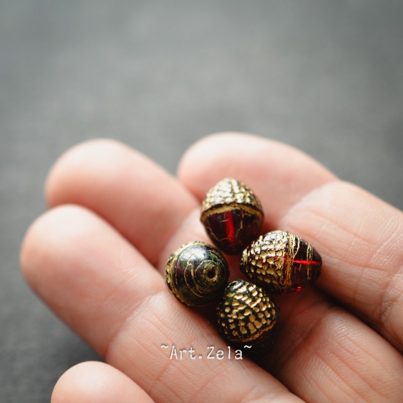 Glands rouge rubis doré 10x12mm X2 Perles verre tchèque Picasso