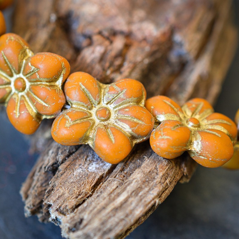 Fleurs orange brique style vintage 14mm X6 Perles verre tchèque mat