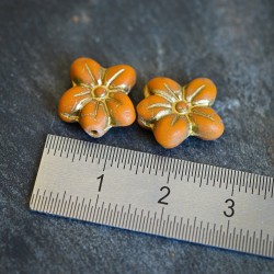 Fleurs orange brique style vintage 14mm X6 Perles verre tchèque mat