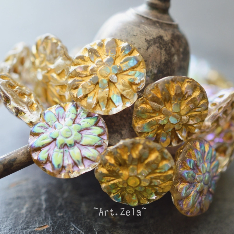 Dahlias dorés 14/15mm AB X4 Perles fleurs verre tchèque premium