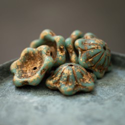 Clochettes Picasso bronze turquoise 14mm X4 Perles verre tchèque