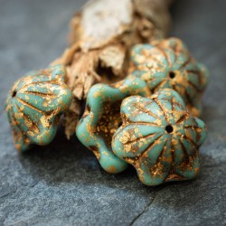 Clochettes Picasso bronze turquoise 14mm X4 Perles verre tchèque